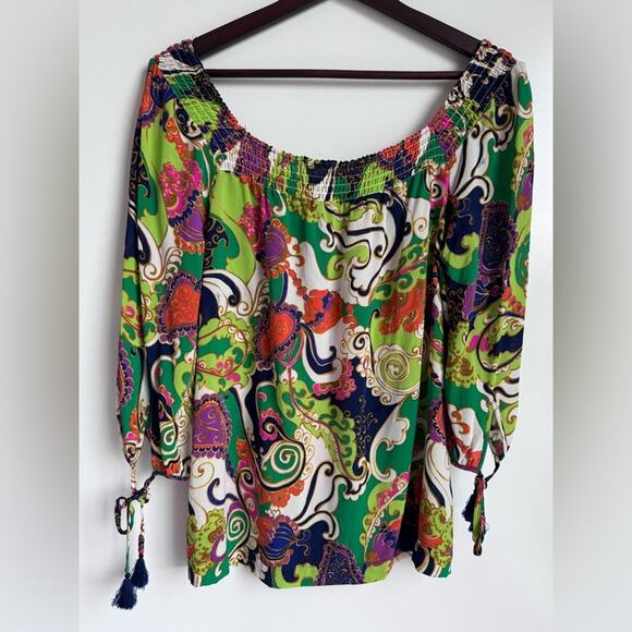 Trina Turk Off Shoulder‎ Silk Blend Small Top Tassel Paisley boho maximalist - Picture 10 of 13